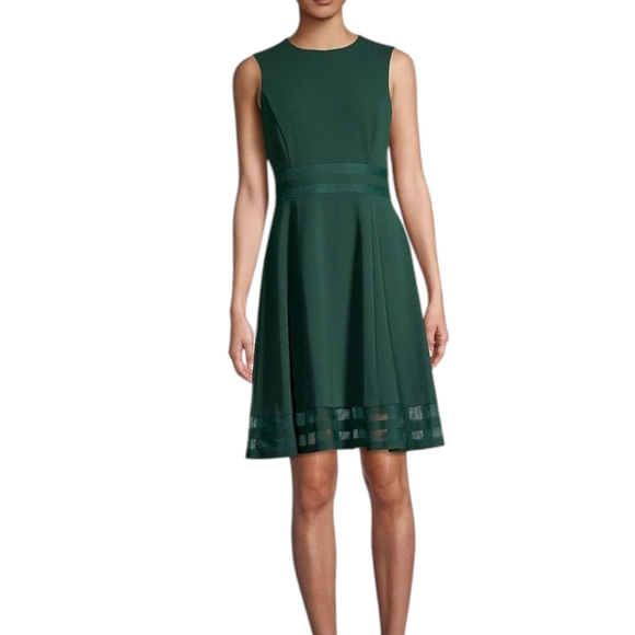 Calvin Klein Green Illusion Mesh Trim Stripe Fit+Flare Dress Size 8! - Picture 1 of 15